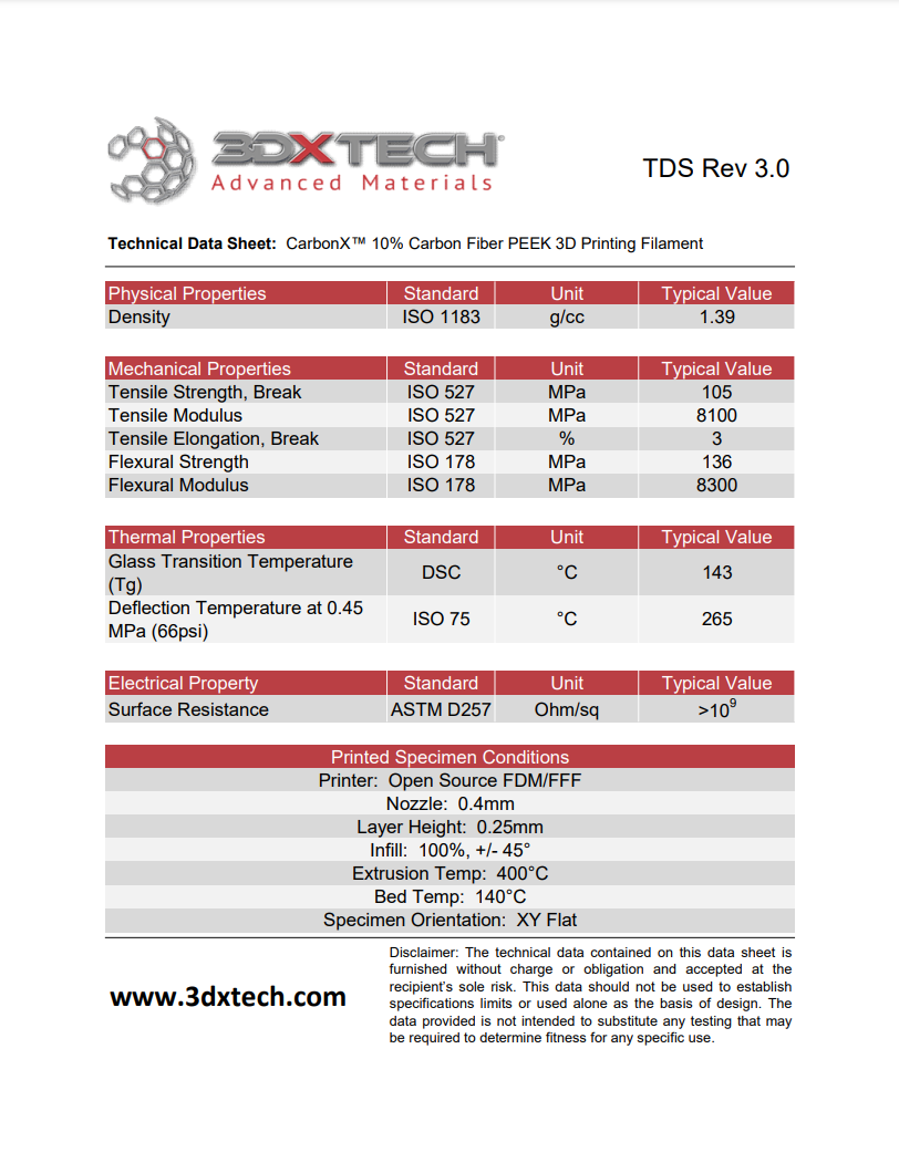 3DXTECH CarbonX™ PEEK+CF10, 1.75mm, 500g, Black