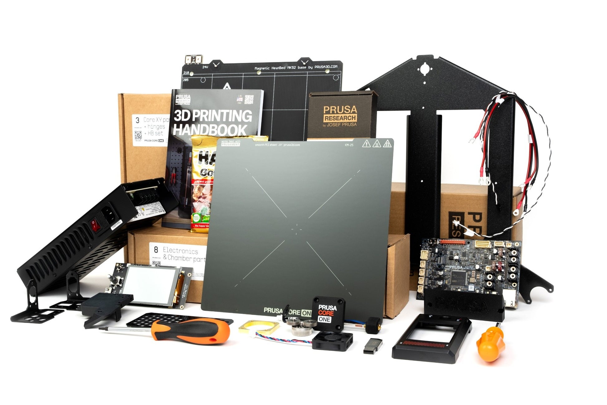 Everything included in the CORE One+ assembly kit box