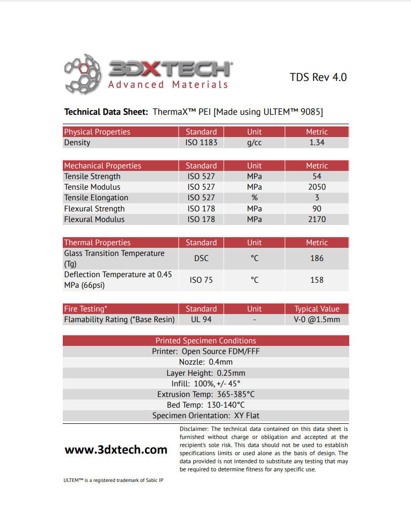 3DXTECH ThermaX™ PEI 9085, 1.75mm, 500g., Natural