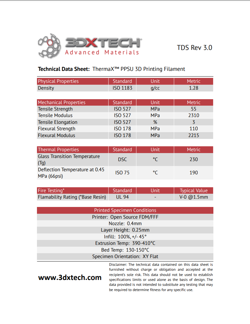 3DXTECH ThermaX™ PPSU, 1.75mm, 500g, Natural