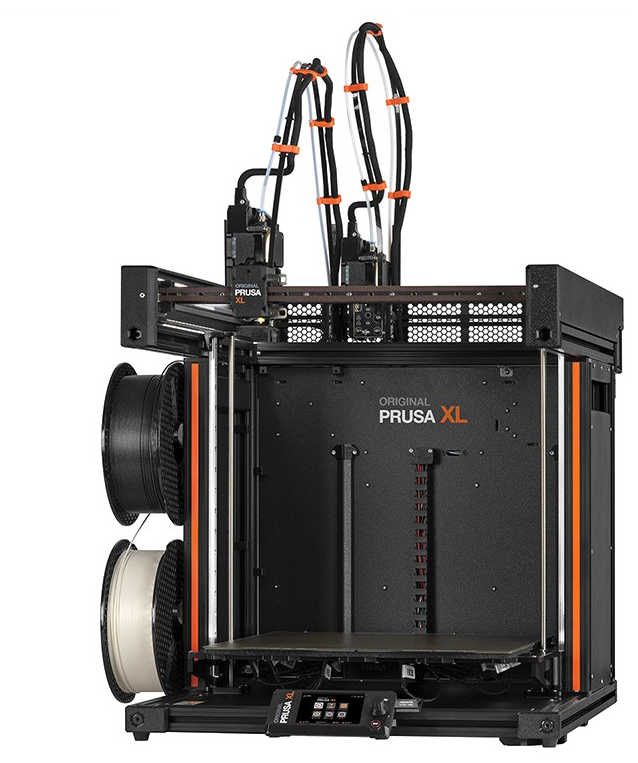 Front view of an open-frame Original Prusa XL 3D printer with two tool heads on the gantry and two filament spools, one black and one natural, mounted at the left.