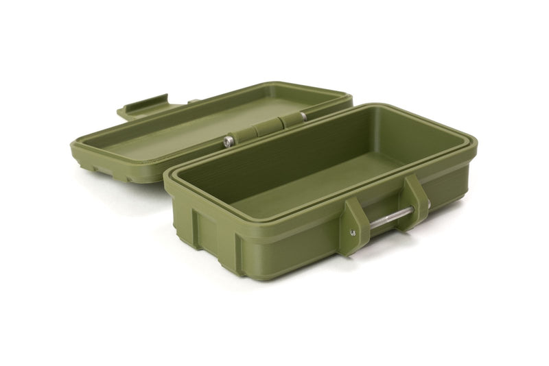Hinged case printed in Olive Green Prusament ASA on a white background
