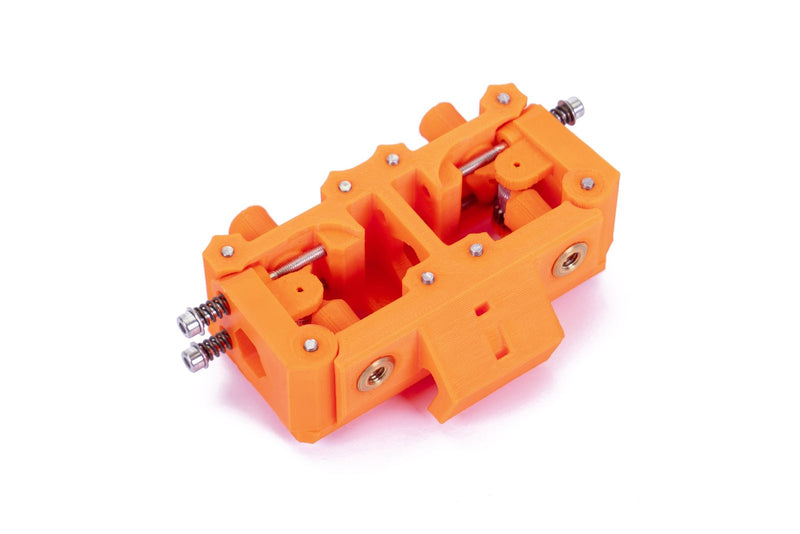 Mechanical clamp assembly printed in Prusa Orange Prusament PETG on a white background